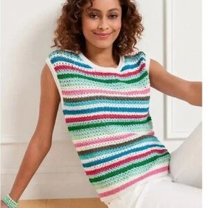Talbots Crochet Knit Multicolor Crewneck Sleeveless Sweater Striped Boho Large